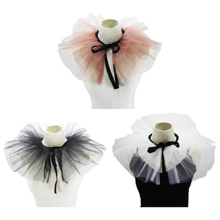 Renaissance Tulle Ruffled Fake Collar Layered Mesh Clown Choker Lace-Up Ribbon Victorian Neck Ruff Shawl Cosplay Props