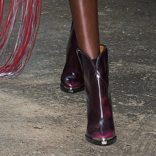 Arden Furtado 2025 Microfiber Metal Pointed toe Western boots Slip-on High-heeled Silver snake pattern Modern boots Short boots