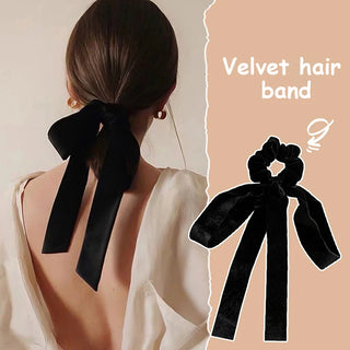 Fashion Vintage Black Velvet Bow Hair Ribbon Scrunchie for Women Girls Long Elastic Hair Tie Headwear Female Hair Accessories