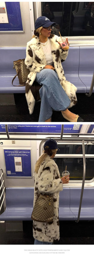 Cow print faux fur long coat