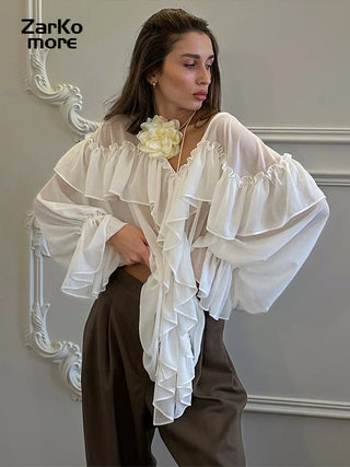 Chiffon Ruffle Shirts White Loose V-neck Lantern Sleeve See Through Blouses Spring Summer renaissance  Commute Outwears