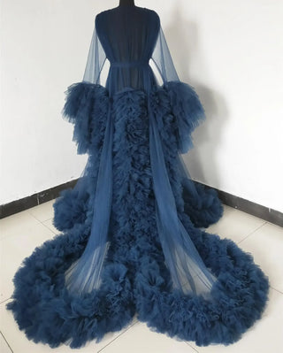 Custom luxury Dressing Gown Perspective Sheer Open Front Ruffle Tulle Long Puffy Robe old Hollywood Nightgown Dress