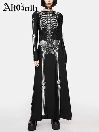 Goth skeleton Halloween Dark Gothic Dress Women Streetwear Skull Printed Long Sleeve O-neck Split Midi Dress Cosplay Clubwear