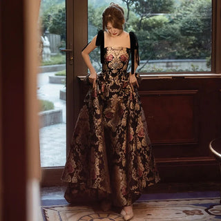 Custom Jacquard Fabric Evening Dresses Spaghetti Strap A-line Evening Gown Vintage Elegant Party Dress  Size Customized