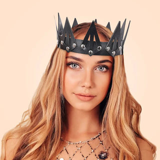 Leather Crown Unisex King Queen Black Gothic Crown Halloween Masquerade Cosplay Wedding Birthday Party Costume Accessories Props