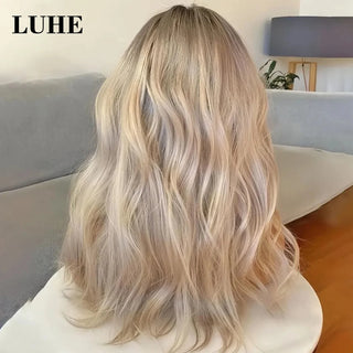 16Inch Natural Wavy Lace Front Wigs for Women Ombre Platinum Blonde Highlights Synthetic Hair Wig Wave 13x3 Lace Frontal Wig