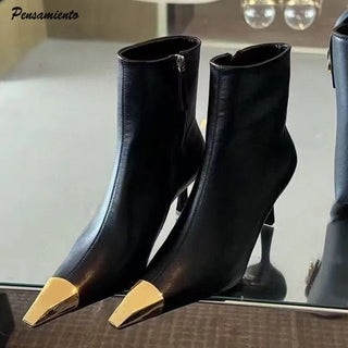 Gold Tip Metal Square toe Leather Ankle Boots Elegant heels Chelsea Short Boots Shoes