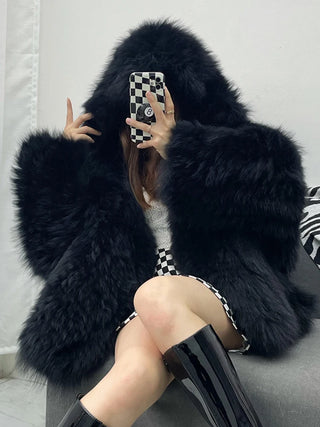 Thick Warm Soft Colored Faux Fur Jacket fashion with Hood Bat Sleeved Loose Casual Designer Clothes