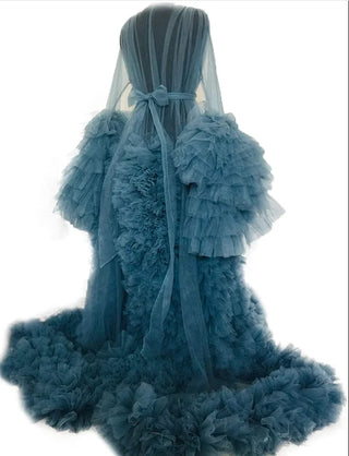 Custom luxury Dressing Gown Perspective Sheer Open Front Ruffle Tulle Long Puffy Robe old Hollywood Nightgown Dress