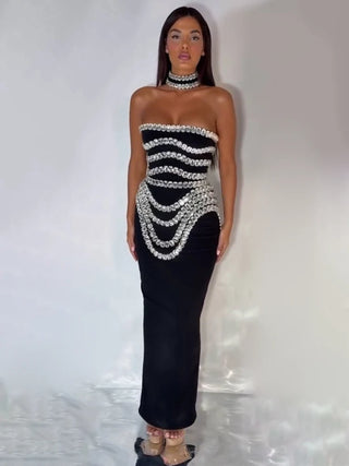 Black Strapless Long Dress Diamonds Embellished Bodycon Bandage Prom Celebrity Party Evening Gowns