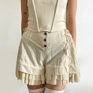 Vintage Ruffle Creme Romantic Button lace up short
