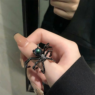 Dark Spider Open Ring Retro Moonstone Black Ring Halloween New Gothic Jewelry faux  pearl
