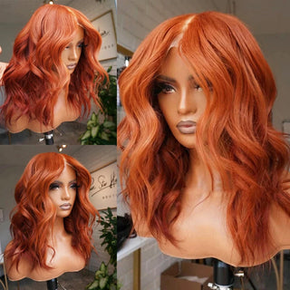 RONGDUOYI Short Wavy Orange Ginger Bob Synthetic Lace Front Wig Middle Part Body Wave Wigs for Black Women Use Blonde Black Hair