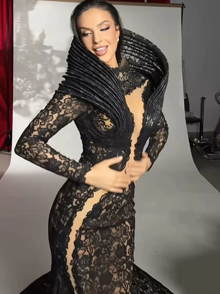 custom Lace Accent Maxi Dress High Neckline Cut-out Tulle Fabric Long Sleeves Floor Length Cocktail Party Evening Gowns