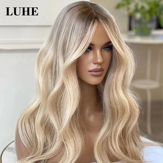 16Inch Natural Wavy Lace Front Wigs for Women Ombre Platinum Blonde Highlights Synthetic Hair Wig Wave 13x3 Lace Frontal Wig
