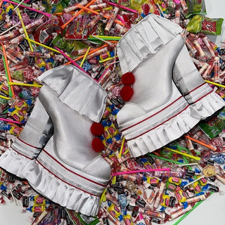 White Satin Cake Platfom Clown Ruffle Tassel Skirt Heels Fuchsia Silk Pom Round Chunky Pump Girl IT Shoes
