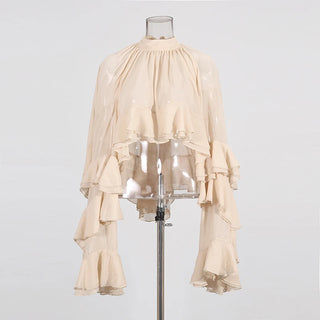 Whimsical Loose Sheer Blouse High Neck Long Sleeves Patchwork Ruffles Folds Elegant