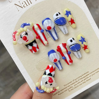 Handmade Clown Designs False Nals White French Long Stiletto Press On Nails Glossy Pink Wearable Fake Nail Patches For Party