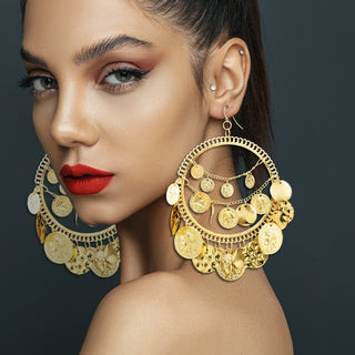 Vintage Coins Big Hoop Dangle Earrings Geometric Tassel Ear Pendants Jewelry Accessories