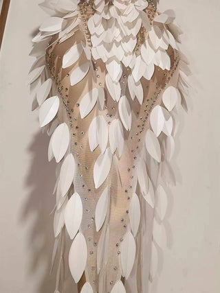 Sparkly rhinestone 3D White Sequin Feather Dress