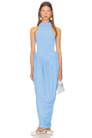 Blifanbo Pleated Elegant O Neck Maxi Dress For Women Off-shoulder Fashion Slim Fit Sleeveless Patchwork Sexy Club Party Dress