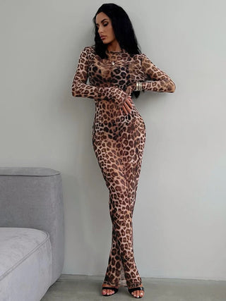 Elegant Maxi Dress Printed Leopard Long Sleeve Dresses Women Clothes Circus Party Club Streetwear Holiday