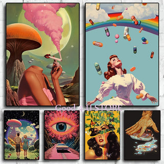 Retro Surrealism Space UFO Trippy Poster Canvas Painting Wall Art Pictures Home Room Decor