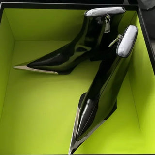 Luxury Designer Pointed Toe Boots Women Fall Chunky Heel Metal Toe Side Zip Black