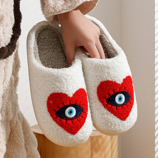 Halloween Slippers winter Warm Houseshoes Evil Eye Style Fuzzy Comfy Heart Flat Sole Funny Flip Flops Women Shoes