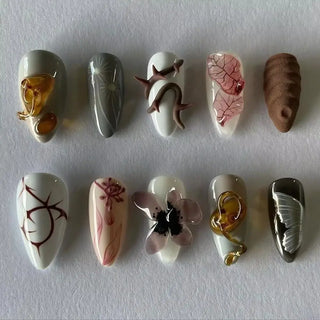 10Pcs Handmade Manicure Short Almond Fake Nails Summer New Cute Style Limited Nails Design with Adhesive Nail File Set