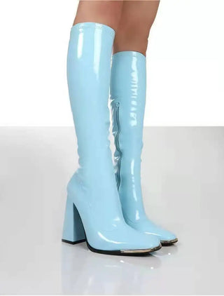 Square Pastel Heel Knee-High Classic Square Toe Boots PU Leather Party Dress Dance Shoes Botas De Mujer