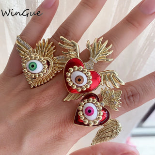 New Religious Rings Sacred Red Heart Wings Lucky Eye Rings Jewelry Cubic Zirconia Copper