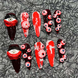 Handmade Press on Nails Punk Dark Style Halloween False Nails Black and Red Scary Eyeball Design Long Almond False Nails