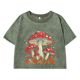 Women's Cotton Crop Tops Trend O-Neck Distressed Washed T-Shirts Red Mushroom Personality Graphic Printed Tees Street Clothes