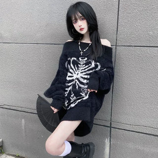 Goth Skull Print Skeleton Sweater Tops Black Pullover
