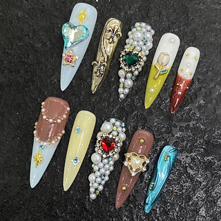 Handmade Press on Nails European Heavy Metal Pearl Crystal Decor halloween Nails for Women Wearable Gothic Long Pointed False Nails