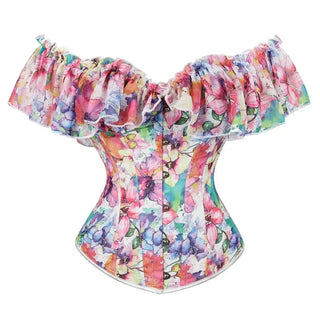 Corset Bustier Top Women Plus Size Flowers Up Trim With Sleeves One Shoulder Satin Corsets Overbust Costumes Victorian
