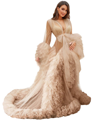 Custom luxury Dressing Gown Perspective Sheer Open Front Ruffle Tulle Long Puffy Robe old Hollywood Nightgown Dress