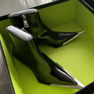 Luxury Designer Pointed Toe Boots Women Fall Chunky Heel Metal Toe Side Zip Black