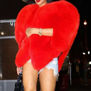 Heart You Faux Fur Red Love 3D Heart Shawl Warm Coat For Women Versatile High-end Jacket