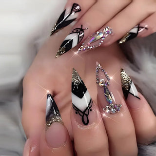 24Pcs Pink Almond False Nails Shiny Golden Ripples Stiletto Fake Nails Detachable Oval Full Cover Press on Nails Tips Manicure