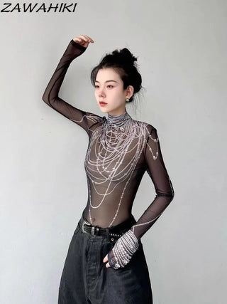 Graphic Long Sleeve T Shirts Women Gauze Transparent Slim Mesh Mock Neck Fashion Grunge Tops
