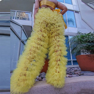 Custom Party Pants Tulle Solid Multi-Layer Ruffle Yarn High Waist Female Trousers Fashion Trousers Club Party Costumes