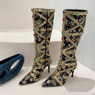 Medieval Style Runway Gemstone Crystal Stilettos Heels Women Knee-High Boots Zip Sexy Pointed Toe Stripper Botas De Mujer