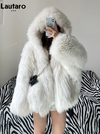Thick Warm Soft Colored Faux Fur Jacket fashion with Hood Bat Sleeved Loose Casual Designer Clothes