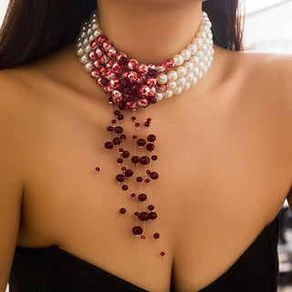 Vampire Pearl Necklace Gothic Drop Red Crystal Blood Tassel Choker Necklace Halloween Jewelry