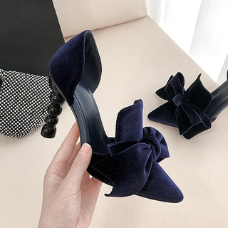 Marie pointed ribbon bow suede single shoes beaded thin high-heeled banquet dress