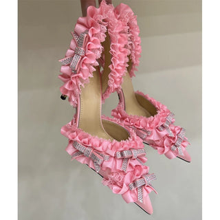 Rhinestone Bow Lace Slingback Stiletto Sandals Woman Summer vintage Pointed Closed Toe Lolita Style High Heels Shoes for Women