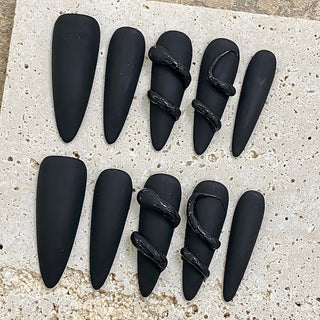 Handmade Black Press on Nails Matte Black Long Almond False Nails Punk Cool 3D Snack Decor Wearable Detachable Fake Nail Patches 10pcs