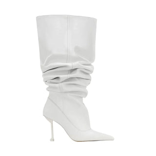 Scrunch Patent Leather Pointed High-heeled Stacked Boots with Large Tube Circumference, European and American Long Boots